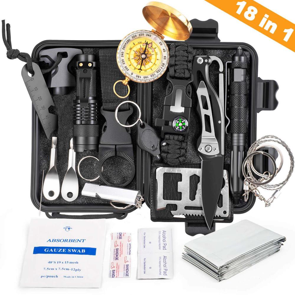 18 in 1 Outdoor Survival Kit Set Camping Travel Multifunction Tactical Defence Equipment First Aid SOS for Wilderness Adventure